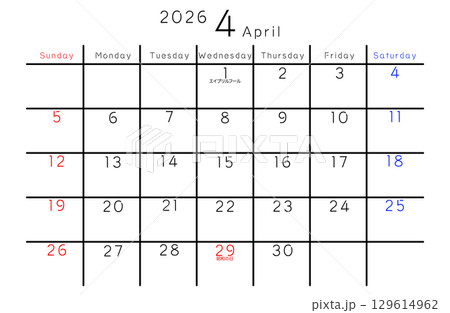 2026年4月　シンプルカレンダー 曜日 英語 129614962