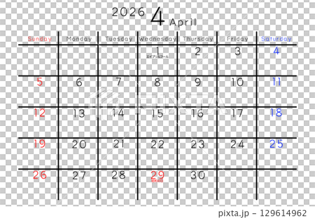 2026年4月　シンプルカレンダー 曜日 英語 129614962