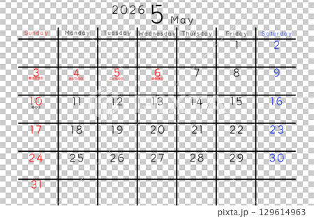 2026年5月 シンプルカレンダー 曜日 英語 2026年5月 シンプルカレンダー 曜日 英語 129614963