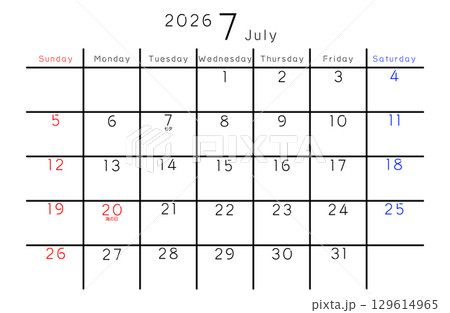 2026年7月 シンプルカレンダー 曜日 英語 2026年7月 シンプルカレンダー 曜日 英語 129614965