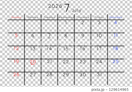2026年7月 シンプルカレンダー 曜日 英語 2026年7月 シンプルカレンダー 曜日 英語 129614965