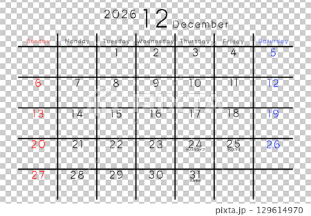 2026年12月　シンプルカレンダー 　曜日英語 129614970