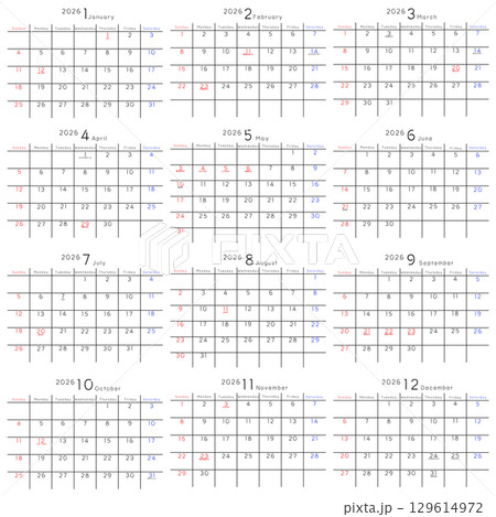 2026年　シンプルカレンダー　曜日 英語セット 129614972