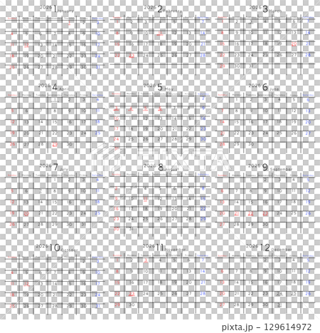2026年　シンプルカレンダー　曜日 英語セット 129614972