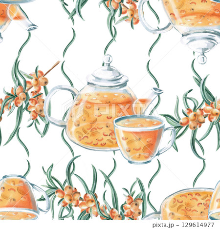 Seamless pattern with branches of ripe, juicy sea buckthorn, a teapot and a cup with sea buckthorn tea. Watercolor illustration for packaging design, printing on fabric and kitchen textiles, dishes. 129614977