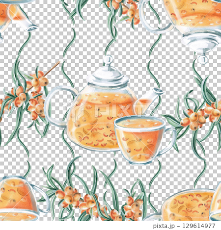 Seamless pattern with branches of ripe, juicy sea buckthorn, a teapot and a cup with sea buckthorn tea. Watercolor illustration for packaging design, printing on fabric and kitchen textiles, dishes. 129614977