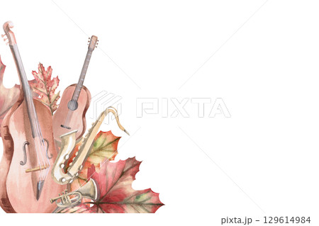 Rectangular frame with musical instruments and autumn leaves. Isolated watercolor illustration in realistic style for design of invitations, labels, cards and posters. Rectangular frame with musical instruments and autumn leaves. Isolated watercolor illustration in realistic style for design of invitations, labels, cards and posters. 129614984