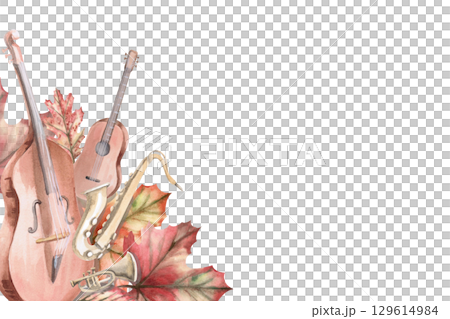 Rectangular frame with musical instruments and autumn leaves. Isolated watercolor illustration in realistic style for design of invitations, labels, cards and posters. 129614984