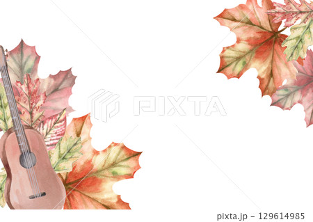 Rectangular frame with guitar and maple leaves. Isolated watercolor illustration of a musical instrument in a realistic style for decorating invitations, labels, cards and posters. 129614985