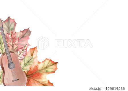Rectangular frame with guitar and autumn leaves. Isolated watercolor illustration of musical instrument in realistic style for design of invitations, labels, cards and posters. Rectangular frame with guitar and autumn leaves. Isolated watercolor illustration of musical instrument in realistic style for design of invitations, labels, cards and posters. 129614986