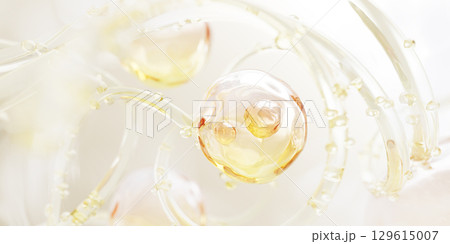 Gold liquid cosmetic skin care 3d background. Argan oil drop texture with bubble, wave and splash. Collagen serum, retinol vitamin, hyaluron essence. Yellow transparent gel or water. 3D illustration 129615007