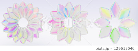 3d set of round glass holographic leaves frame isolated on light background render. Abstract geometric circle flower of diamond shaped petals in pearl color, rainbow gradient texture. 3D illustration 129615046