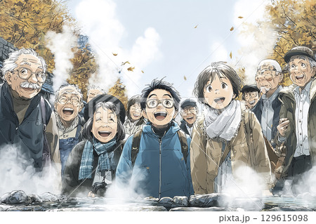 秋の温泉旅行を楽しむ高齢者グループ 秋の温泉旅行を楽しむ高齢者グループ 129615098