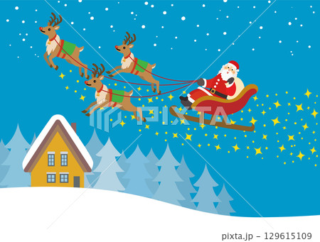 クリスマス素材　トナカイとサンタクロース　夜空　キラキラ 129615109