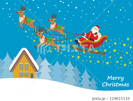 クリスマス素材　トナカイとサンタクロース　夜空　キラキラ 129615110