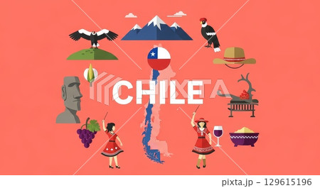Chile Travel and Culture Vector Illustration with National Symbols 129615196