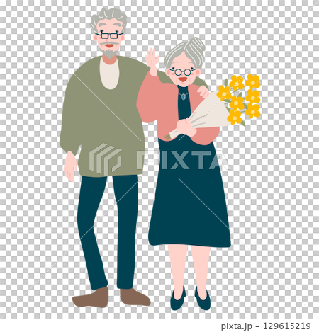 Senior couple smiling and waving (Respect for the Aged Day senior couple) Senior couple smiling and waving (Respect for the Aged Day senior couple) 129615219