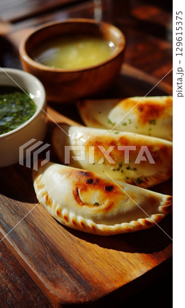 Delicious Baked Empanadas with Chimichurri and Dipping Sauce. 129615375