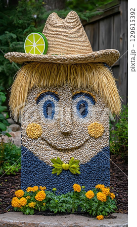 Cute Scarecrow Decoration Made of Pebbles and Straw with Flowers. 129615392