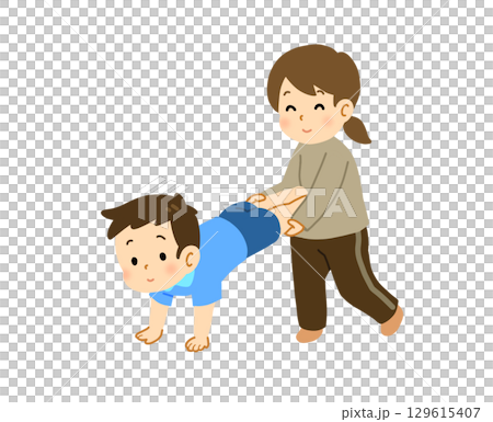 一個男孩推著獨輪車行走的插圖 129615407