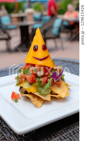 A fun smiley face made of nachos and fresh toppings. 129615426