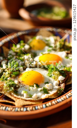 Delicious Breakfast Chilaquiles with Fried Eggs and Cheese. Delicious Breakfast Chilaquiles with Fried Eggs and Cheese. 129615427