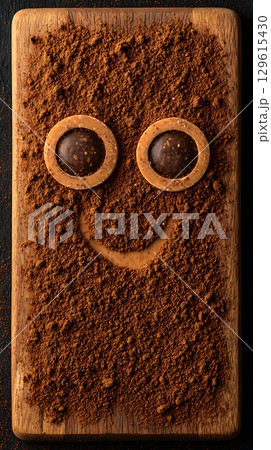 A Happy Face Made With Cocoa Powder and Candy on a Wooden Board. 129615430