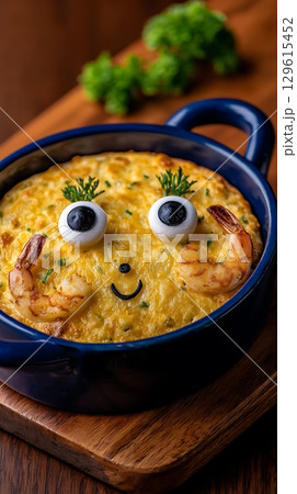 Funny Face Shrimp Dish for Kids Meal Time Fun. 129615452