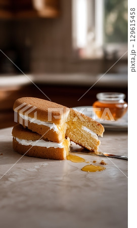 Delicious Honey Cake with Cream Filling Drizzling Sweetly. 129615458