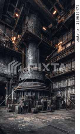 Abandoned power plant interior, giant machinery, industrial, derelict, moody lighting Abandoned power plant interior, giant machinery, industrial, derelict, moody lighting 129615475