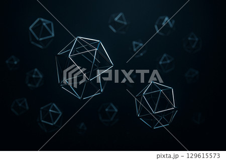 暗い空間に浮かぶシルバーとティールに輝く金属ワイヤーフレームの多面体 暗い空間に浮かぶシルバーとティールに輝く金属ワイヤーフレームの多面体 129615573