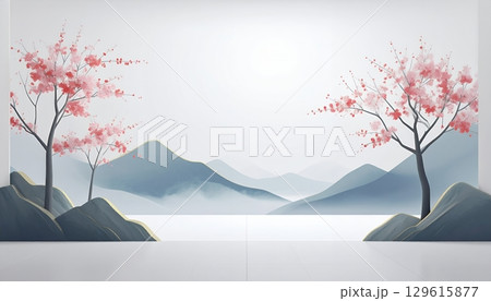 桜の花が咲くミニマルな山岳風景 129615877