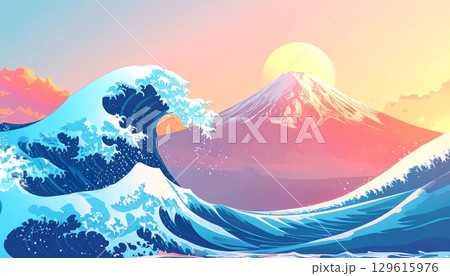 大波が飛沫をあげて、富士山から日の出が昇る3DCGイラスト素材  和風背景 129615976