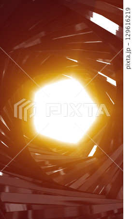Abstract glowing tunnel with geometric red structures spiraling towards a bright central light 129616219