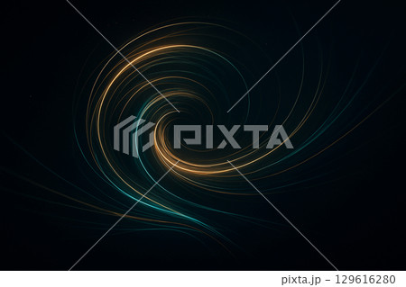 暗い背景に渦を巻く金色とターコイズの光る糸 129616280