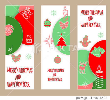 Merry Christmas and Happy New Year greeting card set with participation of Santa Claus, snowman in paper cut style.  129616408