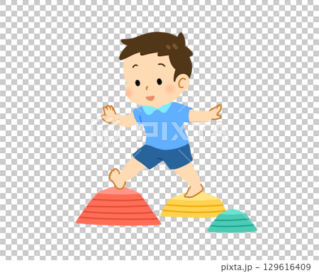 Illustration of a boy walking on a balance stone Illustration of a boy walking on a balance stone 129616409