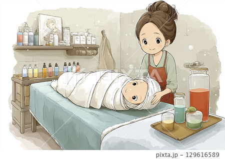美優シリーズ：絵本調で女性が全身ラップトリートメントを受けている 129616589