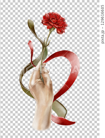 Portuguese revolution of carnations symbols red flower upward-raised hand with ribbons colored national flag symbolizing freedom,peaceful change in the nation's life,and democracy.Watercolor clipart Portuguese revolution of carnations symbols red flower upward-raised hand with ribbons colored national flag symbolizing freedom,peaceful change in the nation's life,and democracy.Watercolor clipart 129616685