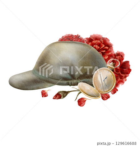 Revolution of carnation in symbol vintage Portuguese military hat,red flowers and gold pocket watch showing time the beginning of seizure of power.Awarness campaign posters for revolution anniversary 129616688