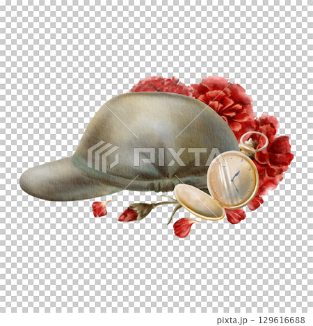 Revolution of carnation in symbol vintage Portuguese military hat,red flowers and gold pocket watch showing time the beginning of seizure of power.Awarness campaign posters for revolution anniversary 129616688