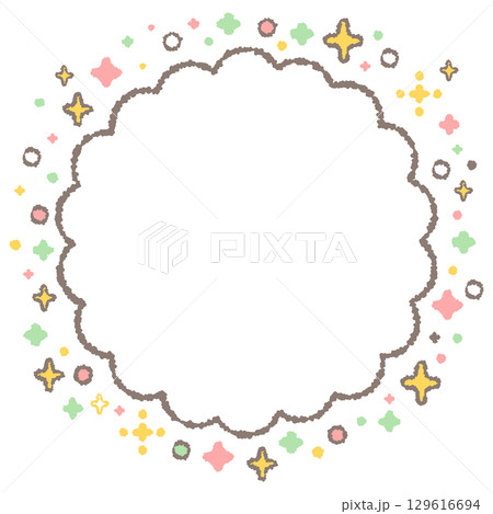 キラキラしたマークに囲まれたもこもこの円形フレーム 129616694