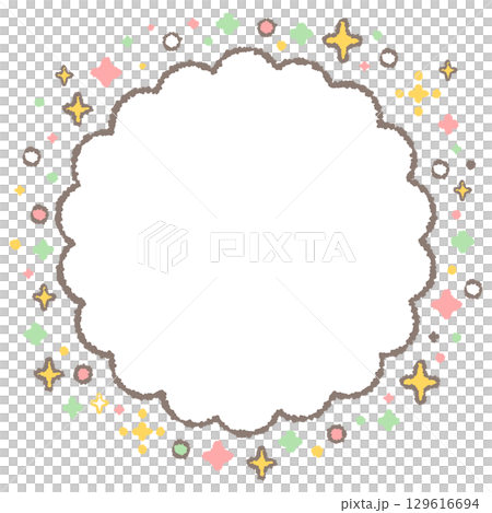 キラキラしたマークに囲まれたもこもこの円形フレーム 129616694
