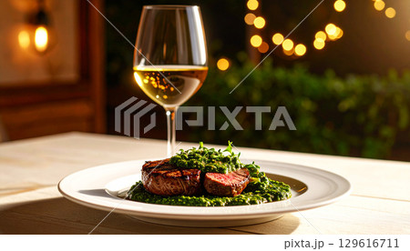 a perfectly grilled steak topped with vibrant chimichurri sauce, showcasing juicy texture, charred grill marks, and rich flavors in a mouthwatering gourmet presentation 129616711