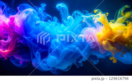 カラフルなインクが水中に広がる幻想的な煙のようなグラデーション 129616796
