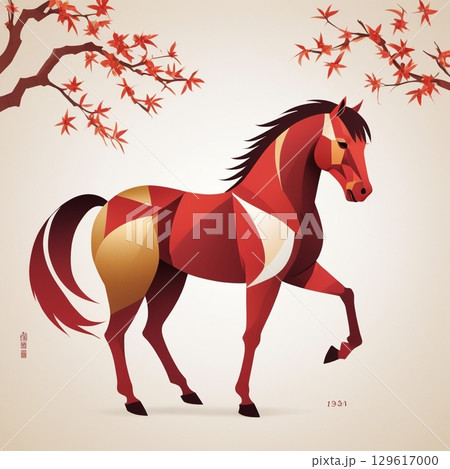 【Design Material】Polygon Style Red Horse Illustrat 129617000