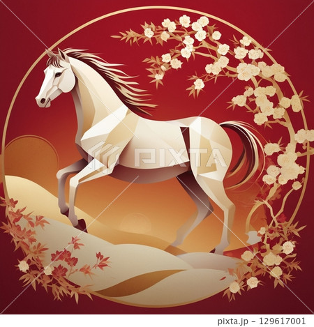【Design Material】Geometric Red Horse with Flowers 129617001