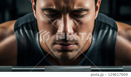 Focused Athletic Man Lifting Barbell During Intense Workout 129617009