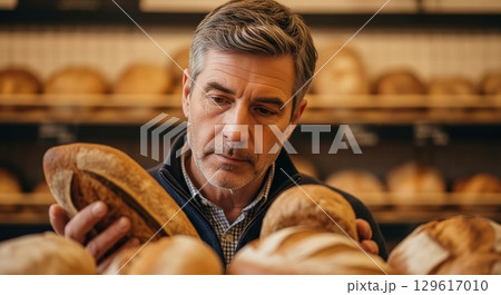Professional Baker Selecting Fresh Artisan Bread in Traditional Bakery 129617010