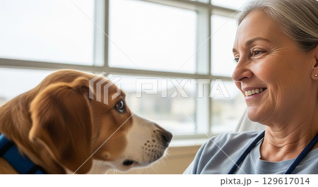 Senior Woman Bonding with Golden Retriever Dog at Home 129617014